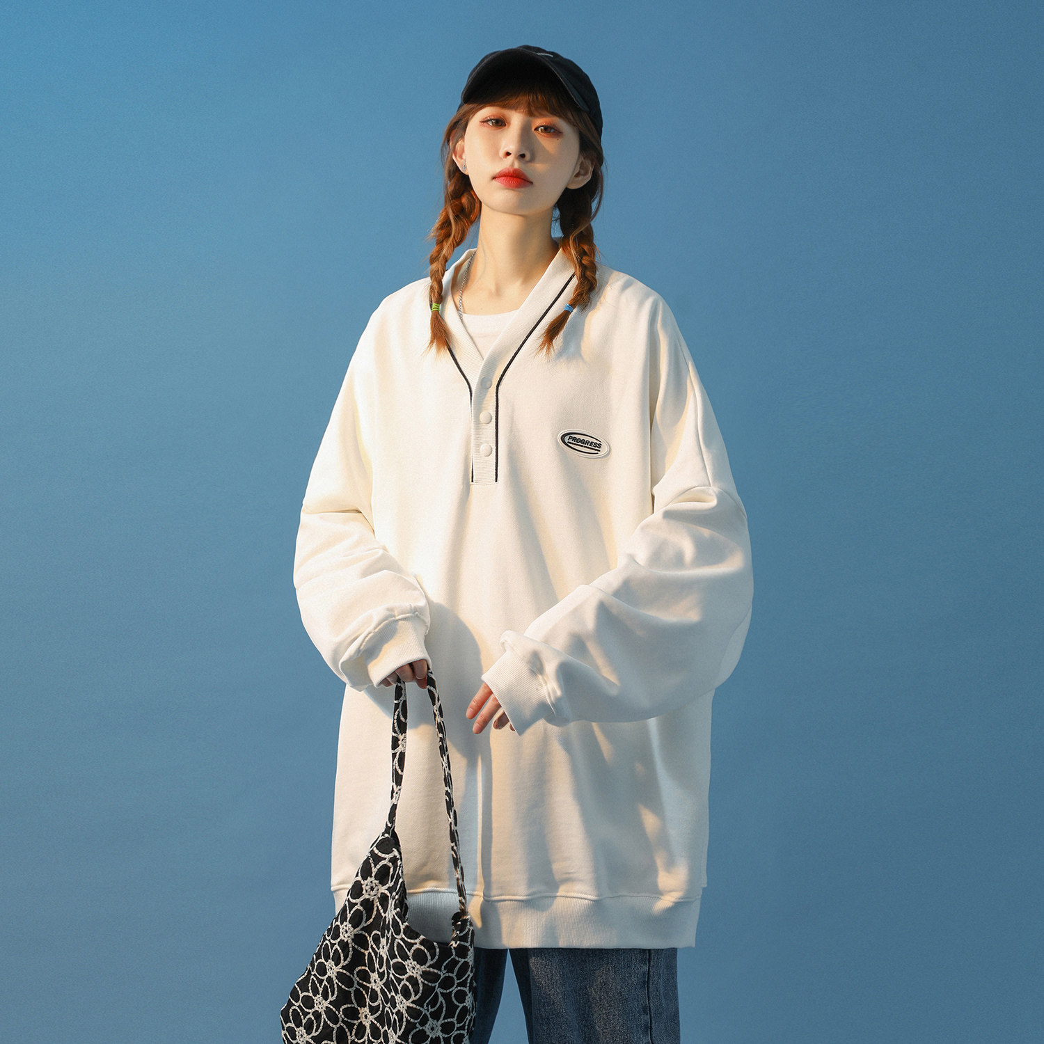中性风2021秋季男女情侣卫衣学院风宽松V领外套H641P45女类,女装卫衣/绒衫,电商A341