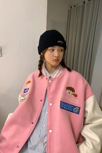 中性秋裝 學(xué)院風(fēng)呢料情侶夾克繡花棒球服外套 H667P98 控128女類圖片
