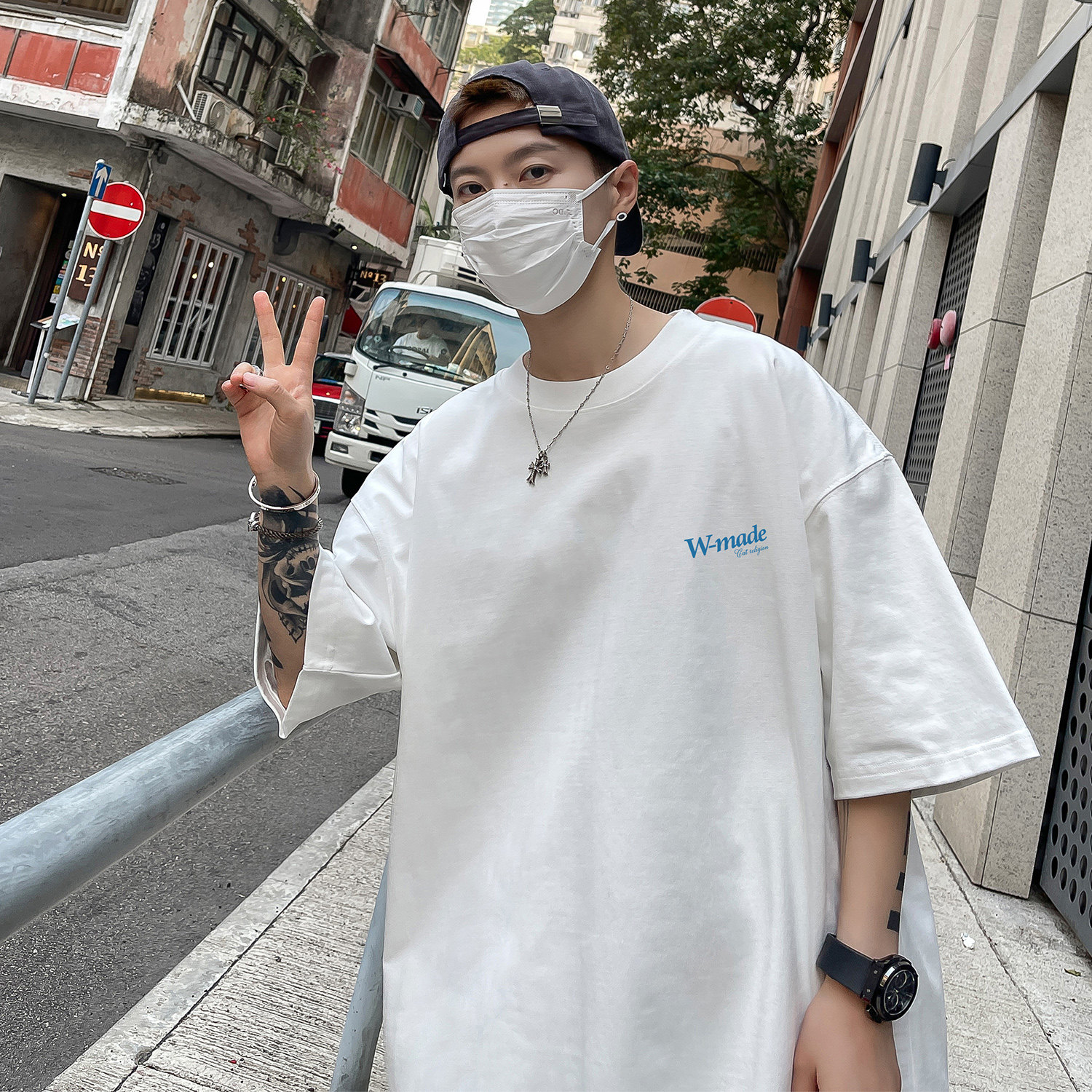 直播有280克美式复古重磅小猫印花短袖T恤衫潮牌大码男H844P28,男装T恤,电商A341