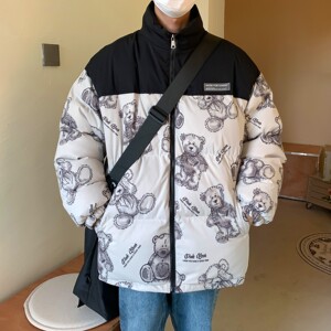 主推 中性冬装 涂鸦熊卡通拼接情侣棉衣加厚外套 H691 P128女类图片