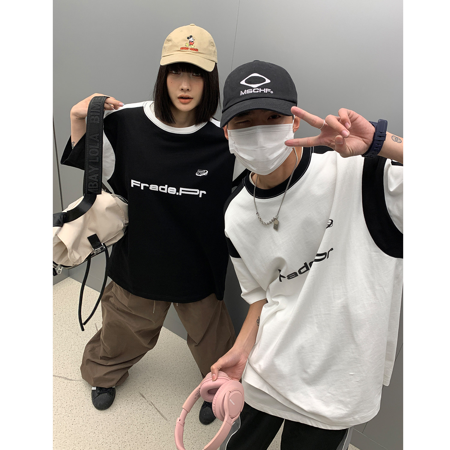 情侣装美式复古撞色拼接运动情侣短袖宽松T恤印花上衣H842P38,男装T恤,电商A341