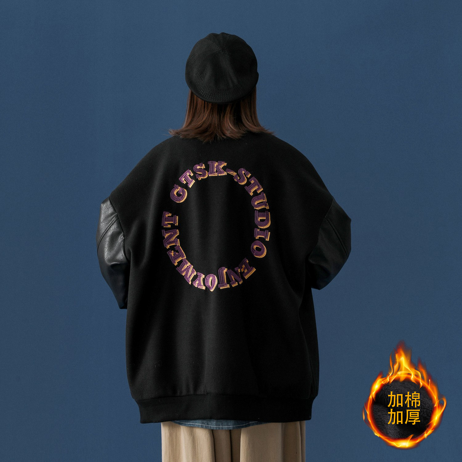 中性风冬装PU皮拼接呢料棒球服情侣棉衣加厚外套H572-1P125女,男装夹克,电商A341