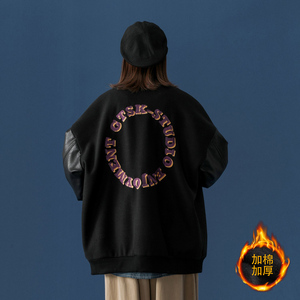 中性风冬装 PU皮拼接呢料棒球服 情侣棉衣加厚外套 H572-1 P125女图片