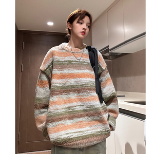 中性风 美式复古慵懒风圆领套头情侣毛衣撞色针织衫男女 H907 P78图片