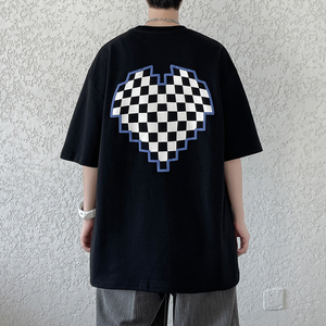 港风大皂夏装 棋盘格爱心印花短袖T恤宽松大码男 H734 P35图片