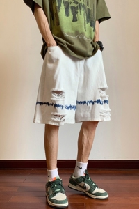高街水洗牛仔短裤夏季薄款破洞五分裤男宽松潮牌 KH112 P48 控68图片