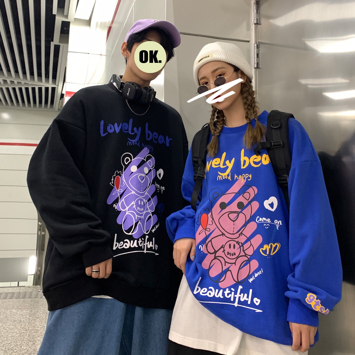 2022情侣装春装涂鸦熊印花圆领情侣卫衣外套H556P38女类,女装卫衣/绒衫,电商A341