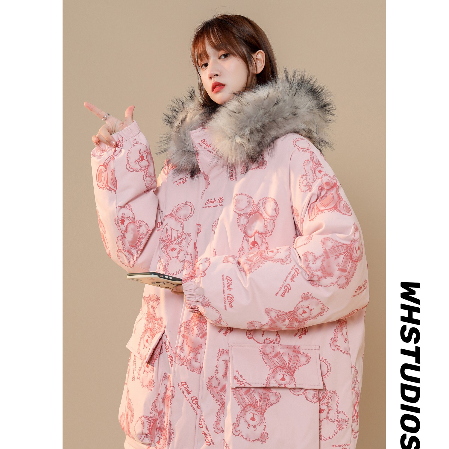 中性风冬装手绘熊大毛领加厚情侣棉衣面包服H698P138女类,女装棉衣/棉服,电商A341