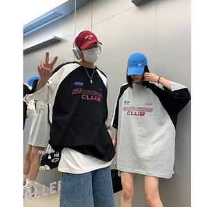 中性 潮插肩袖撞色赛车服情侣短袖T恤印花上衣男 H834P38图片