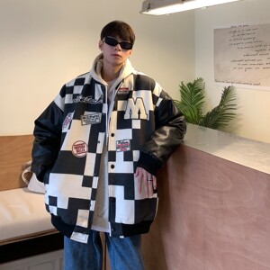 港风春装潮牌黑白格棒球服情侣夹克外套H684P118控148男