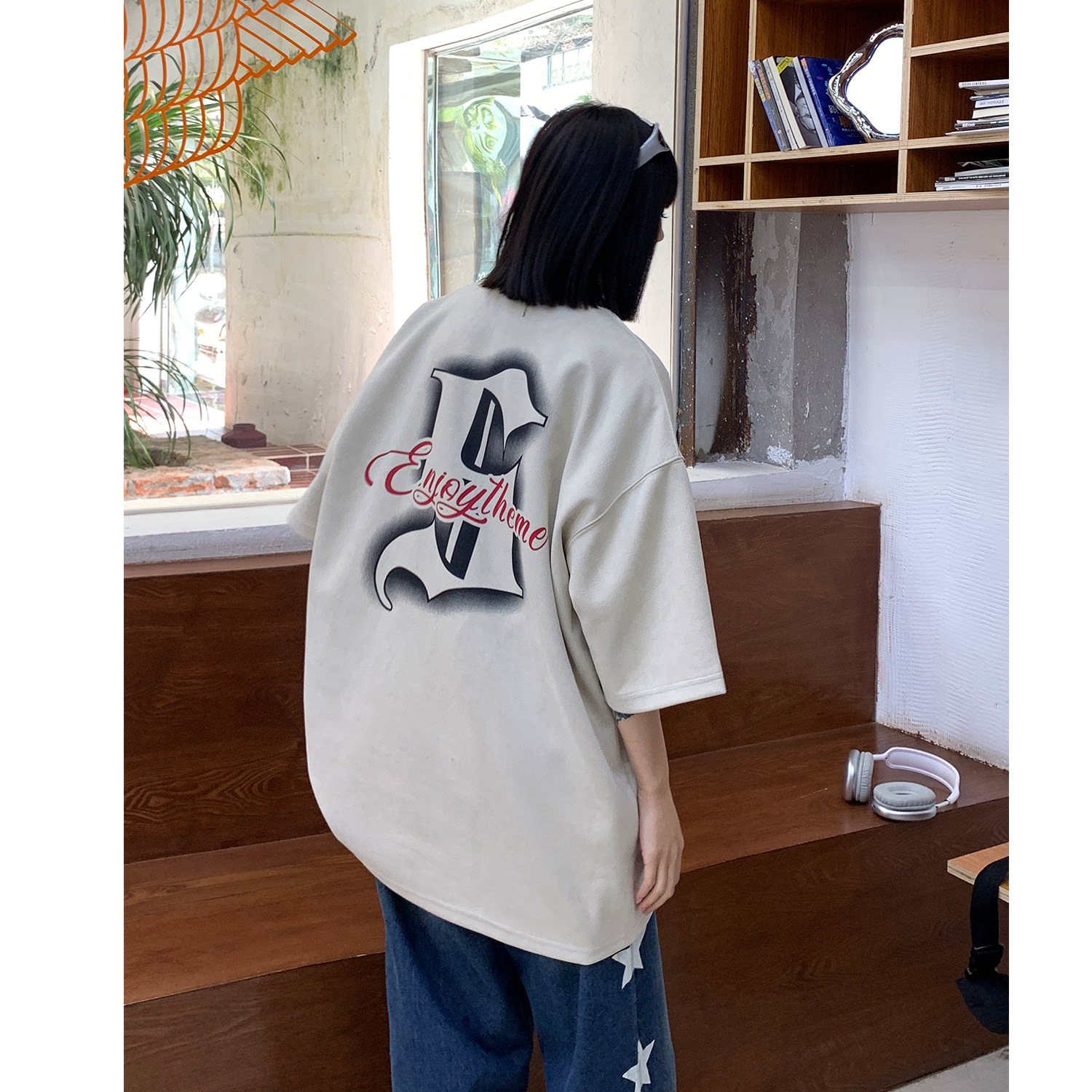 中性高街潮设计鹿皮绒印花情侣短袖T恤宽松上衣男H828P35控48,男装T恤,电商A341