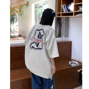 中性高街潮设计鹿皮绒印花情侣短袖T恤宽松上衣男H828P35控48,胖妹妹包臀裙搭配什么上衣图片