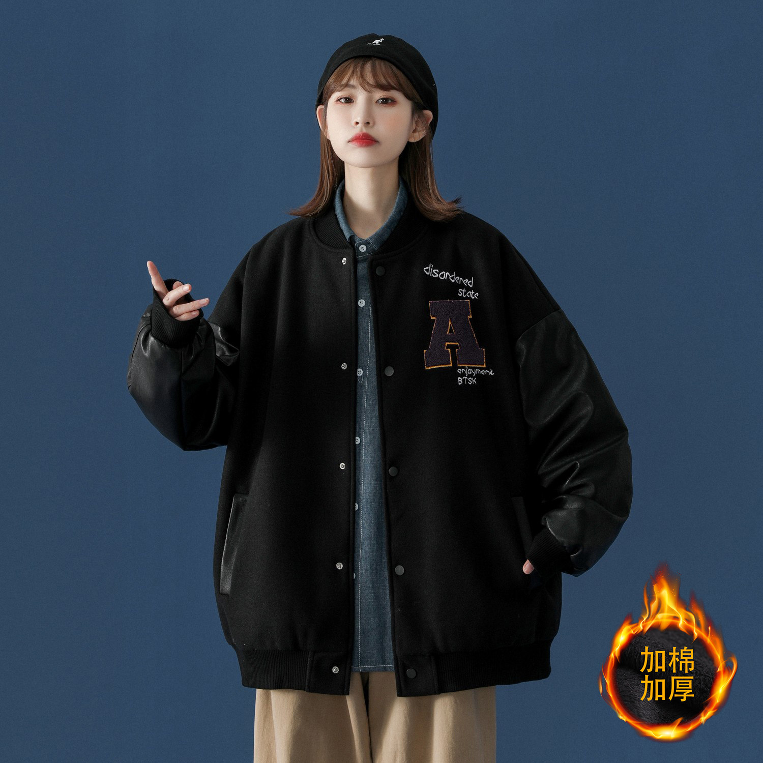 中性风冬装PU皮拼接呢料棒球服情侣棉衣加厚外套H572-1P125女,男装夹克,电商A341