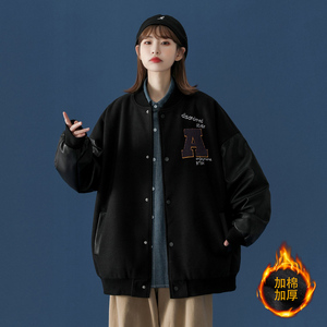 中性风冬装PU皮拼接呢料棒球服情侣棉衣加厚外套H572-1P125女,长外套内搭怎样穿图片