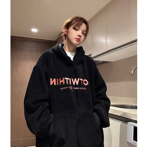 冬装 美式羊羔毛慵懒风绣花情侣加绒卫衣重磅外套男女 H904 P98图片
