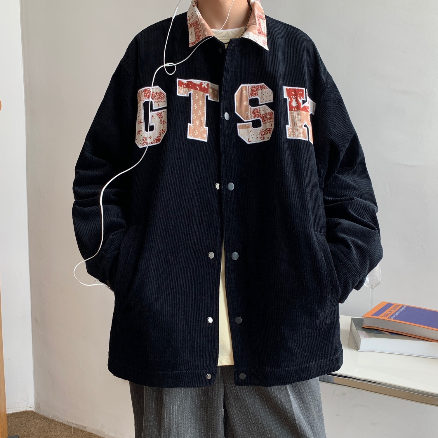 潮秋装 腰果花拼接灯芯绒刺绣外套情侣大码夹克女H672 P98控128图片