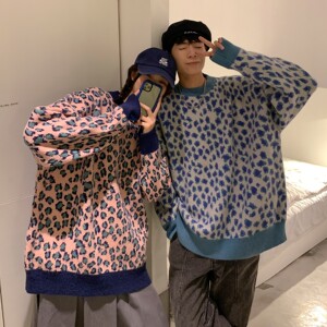 情侣装秋冬新款 豹纹提花情侣毛衣针织衫外套H682 P78 控98 男类图片