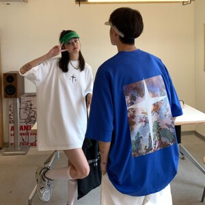 情侣装新品 油画印花十字架情侣短袖T恤潮牌宽松 H739 P30女类图片