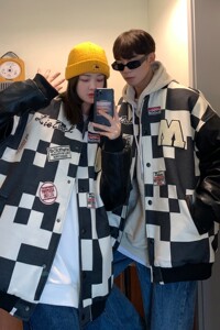 港风春装 潮牌黑白格棒球服情侣夹克外套H684 P118 控148男图片