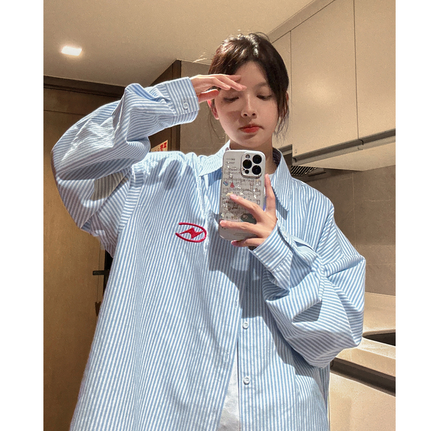 中性秋装美式ins宽松情侣浅蓝色条纹刺绣衬衫外套男女H874P58,男装衬衫,电商A341