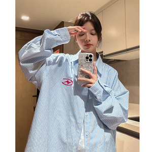 中性秋装 美式ins宽松情侣浅蓝色条纹刺绣衬衫外套男女H874 P58图片