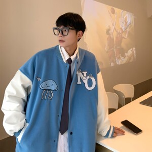 中性毛呢拼接PU皮棒球服毛巾绣情侣夹克外套H678 P118女类图片