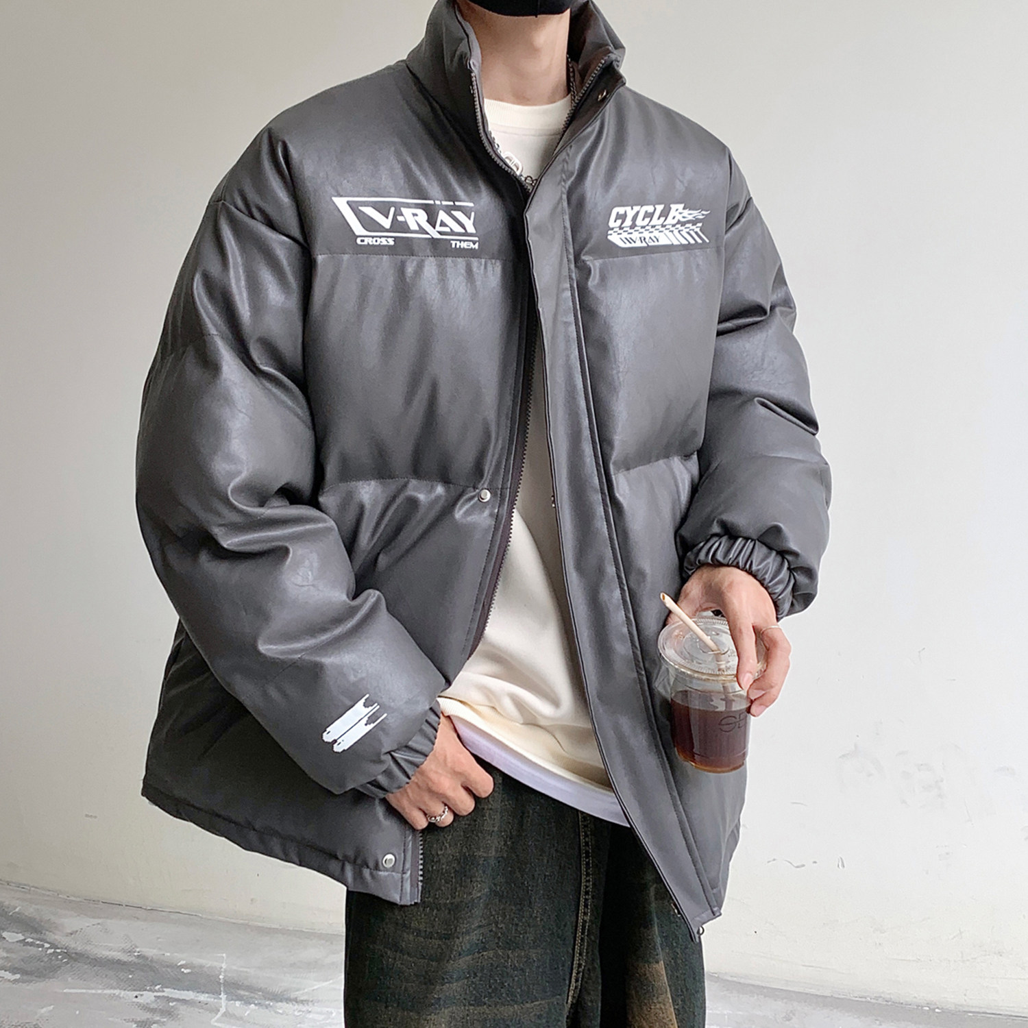 23冬装新品 美式印花机车皮棉服PU情侣棉衣面包服外套男 H909P128图片