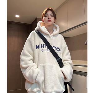 冬装 美式羊羔毛慵懒风绣花情侣加绒卫衣重磅外套男女 H904 P98图片