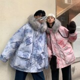 冬装ins涂鸦熊大毛领加厚情侣棉衣外套H577P138控168女类，女装棉衣/棉服，电商A341