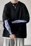 短句双层袖口拼接条纹假两件套头长袖卫衣外套H659P45控58，男装卫衣，电商A341