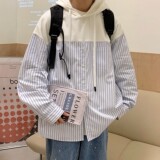 港风日系秋装连帽拼接条纹衬衫情侣卫衣外套H706P68控88男类，男装卫衣，电商A341