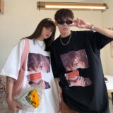 情侣装夏装美式复古人像印花情侣短袖T恤衫宽松上衣H740P30女类，男装T恤，电商A341