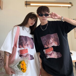 情侣装夏装 美式复古人像印花情侣短袖T恤衫宽松上衣 H740P30女类图片