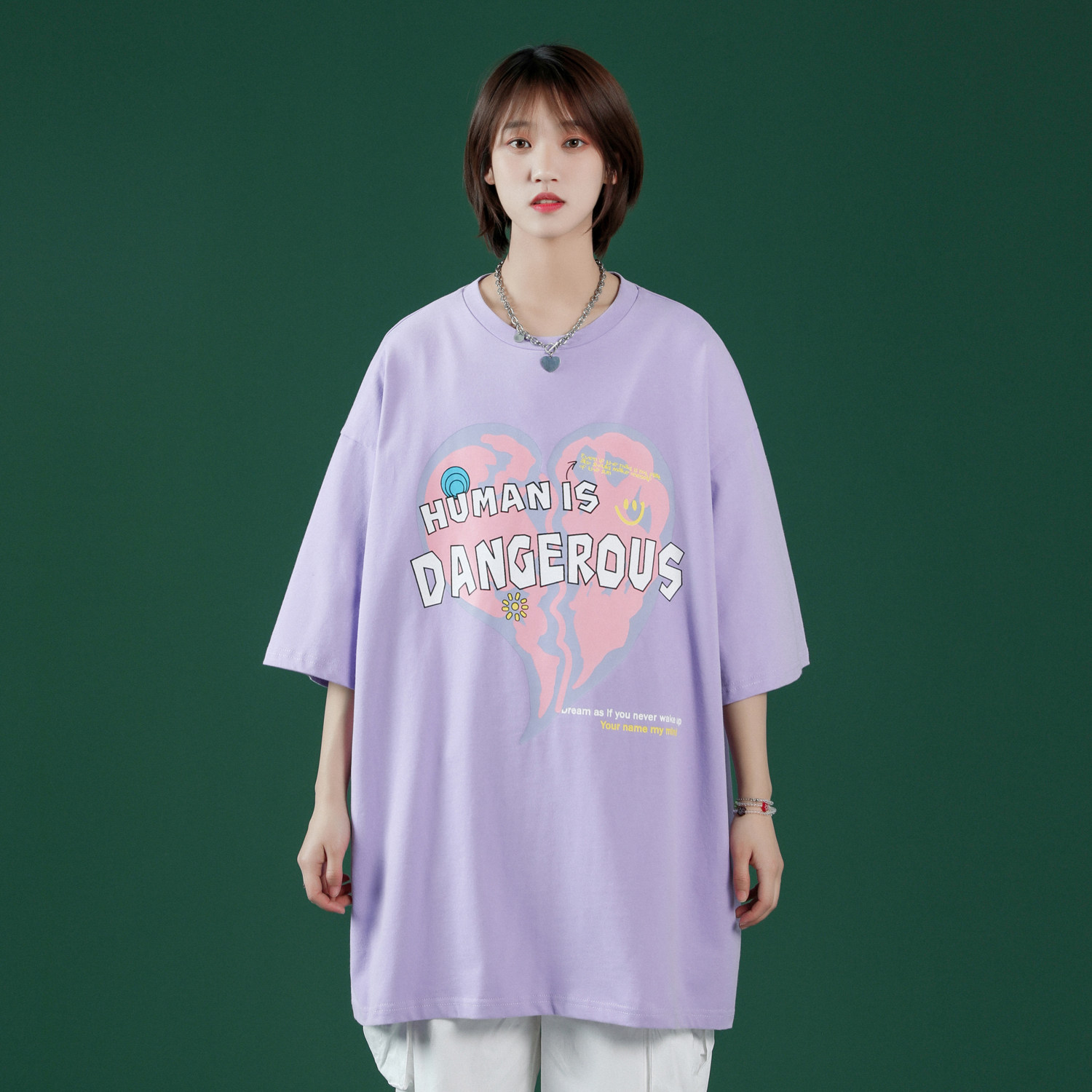 中性风21夏款爱心印花短袖T恤男女百搭半袖体恤H599P35女类,女装T恤,电商A341