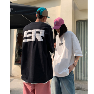 情侣装夏装潮美式发泡印花情侣短袖T恤重磅宽松体恤男H826P30