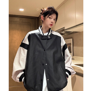 中性风秋装 美式复古撞色机车皮衣棒球服夹克外套男女H887 P108图片