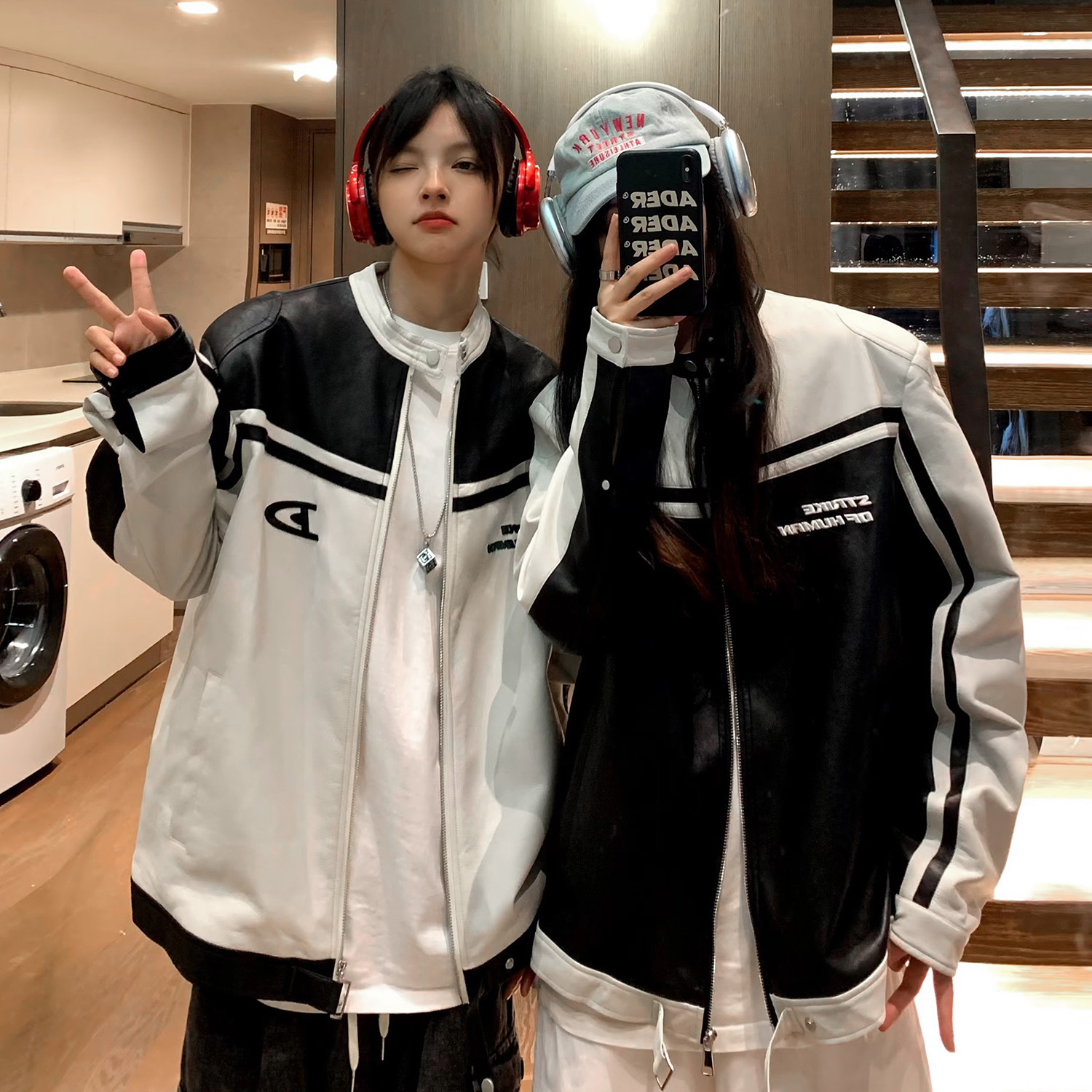 美式复古拼接pu机车服情侣加厚皮衣夹克棉衣外套男女H897P118,男装夹克,电商A341