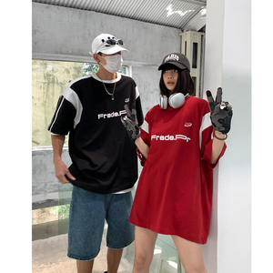 2023 美式复古撞色拼接运动情侣短袖宽松T恤印花上衣 H842 P38图片