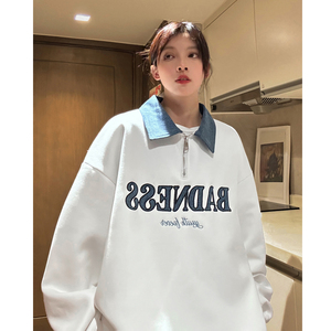 中性风秋装 polo领卫衣美式牛仔拼接半拉绣花外套上衣男女H881P68图片