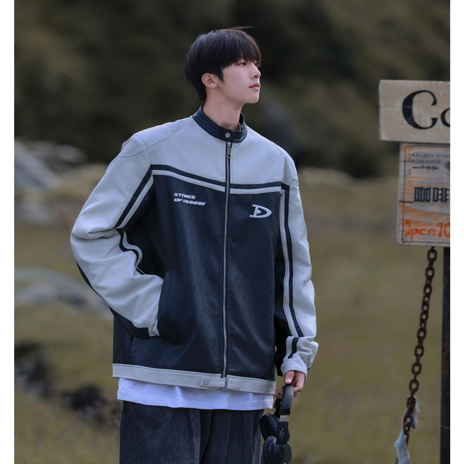 主推 美式复古拼接pu机车服情侣加厚皮衣夹克棉衣外套男H897 P118图片