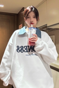 中性风秋装 polo领卫衣美式牛仔拼接半拉绣花外套上衣男女H881P68图片