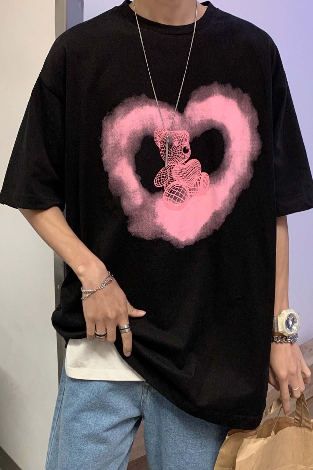情侣装夏潮流纯短袖卡通爱心宽松圆领情侣t恤H626P30女类,女装T恤,电商A341