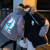 情侣装冬装拼色反光独角兽大毛领连帽情侣棉衣H596P148男类，男装棉衣，电商A341