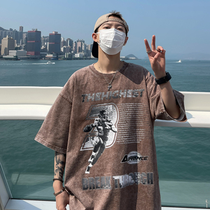 高克重280克 美式高街水洗做旧印花短袖T恤潮宽松男 H817 P38男图片
