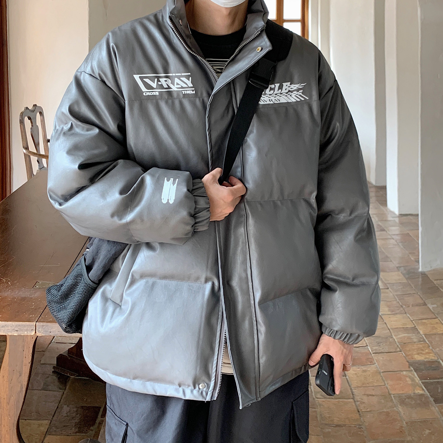 情侣装冬装美式印花机车皮棉服PU情侣棉衣面包服外套男H909P128,男装棉衣,电商A341