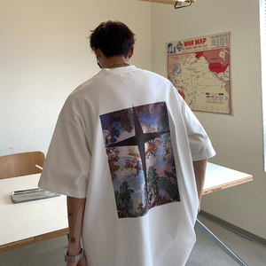 港风新品 油画印花十字架情侣短袖T恤潮牌宽松 H739 P30男类图片