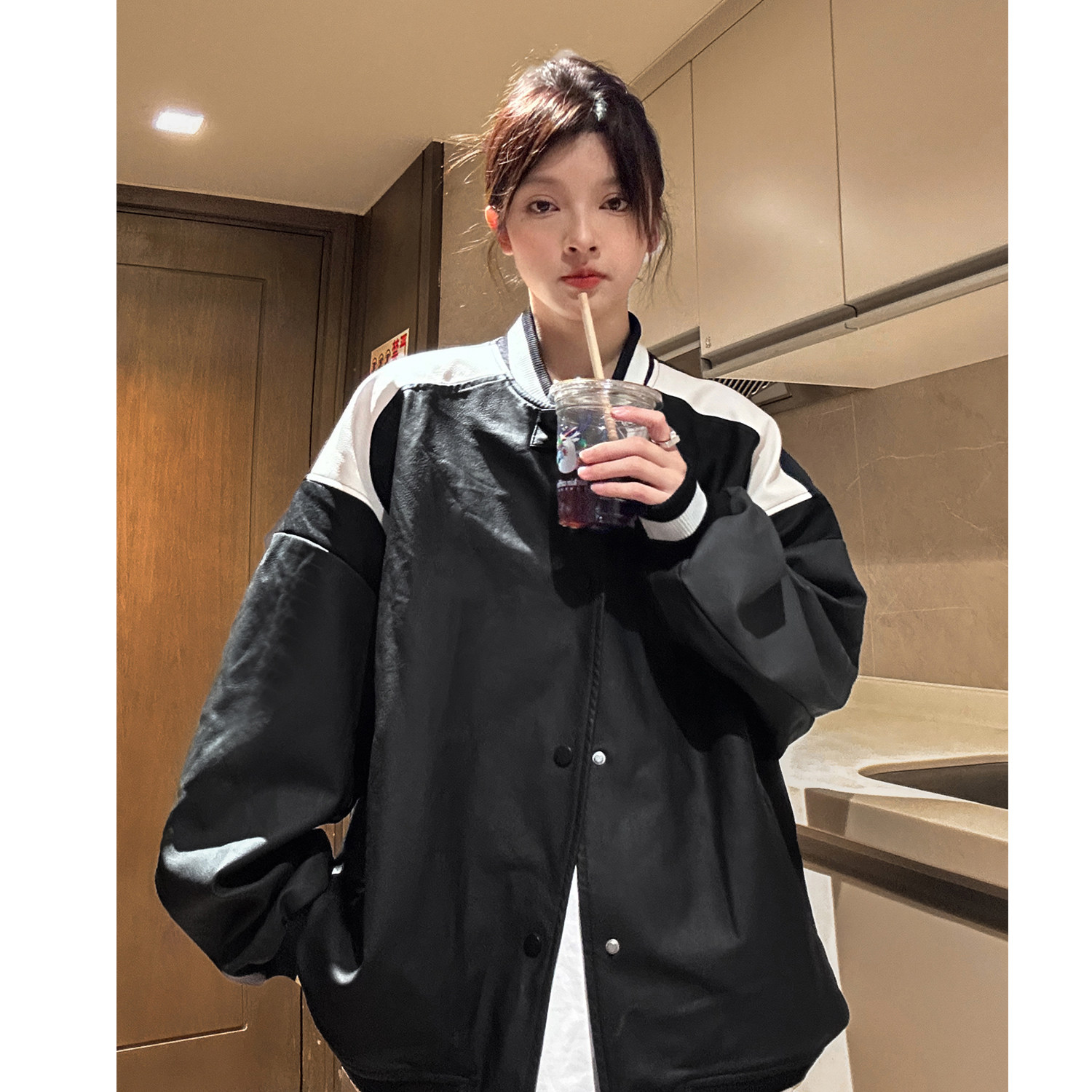 中性风秋装美式复古撞色机车皮衣棒球服夹克外套男女H887P108,男装夹克,电商A341