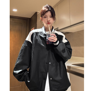 中性风秋装 美式复古撞色机车皮衣棒球服夹克外套男女H887 P108图片