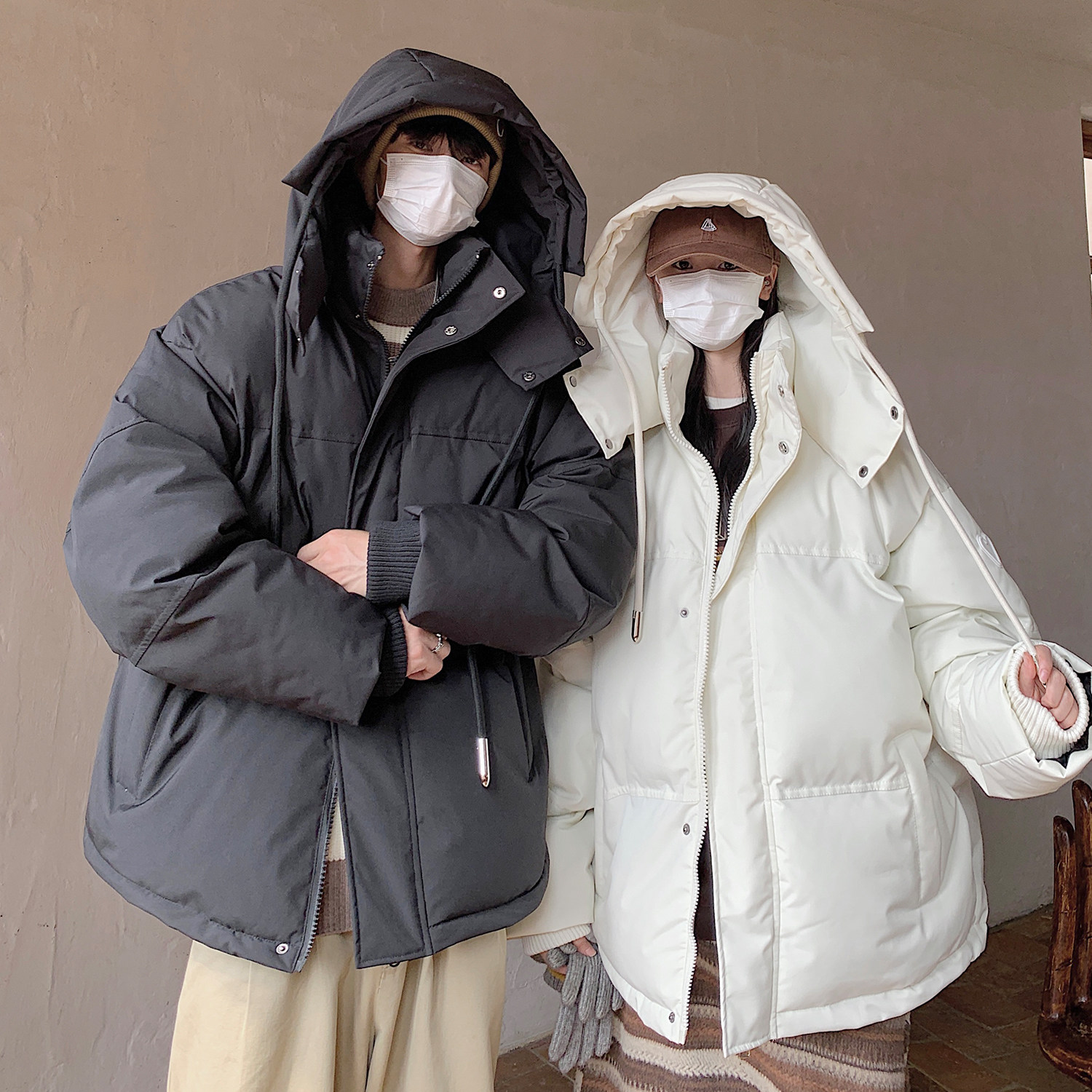 冬装情侣装 美式潮牌加厚情侣连帽羽绒棉服外套面包服男H910 P138图片