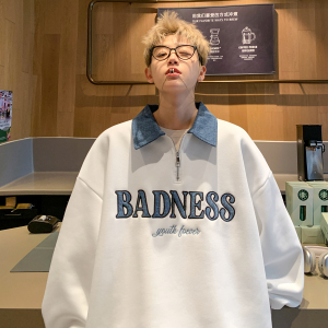 秋装新品 polo领情侣卫衣美式牛仔拼接半拉绣花外套上衣男H881P68图片